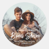 Chic Modern Script & Foto Bruidsdouche Bedanktkaar Ronde Sticker (Voorkant)