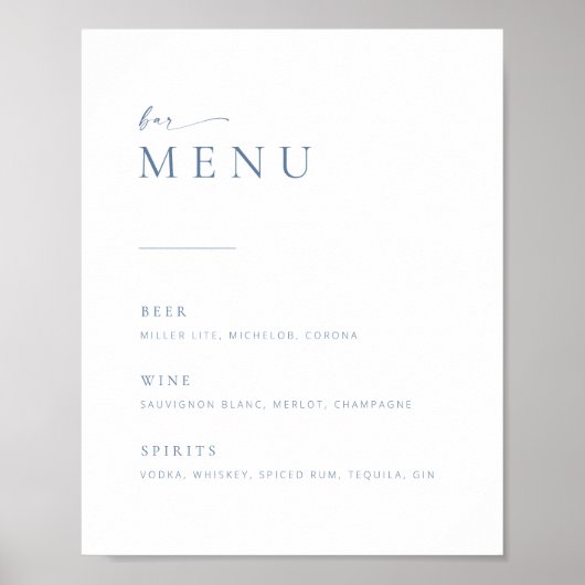 Chic + Modern Script Trouwbar Menu Bord | Blauw Poster (Voorkant)