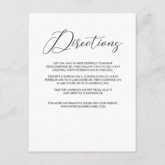 Chic Modern Script Wedding Directions behuizing Informatiekaartje (Voorkant)