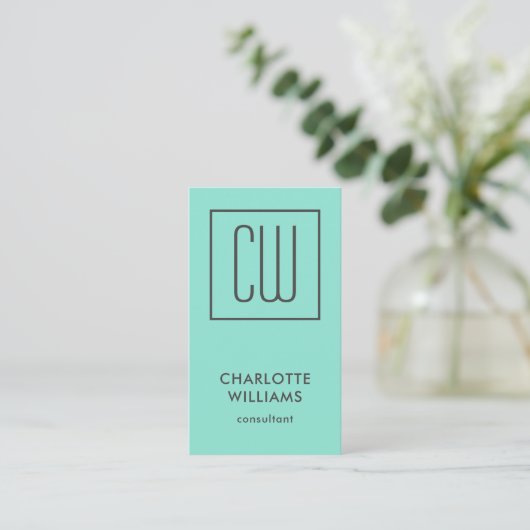 Chic Modern Turquoise Square Monogram Elegant Visitekaartje (Staand voorkant)