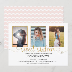 Chic Modern Typography Sweet 16 Gold Party Photo Kaart