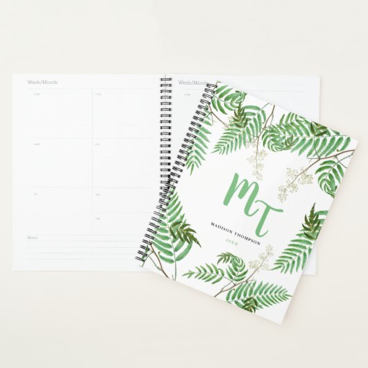 Chic Modern Waterverf Greenery Script Monogram Planner (Display)