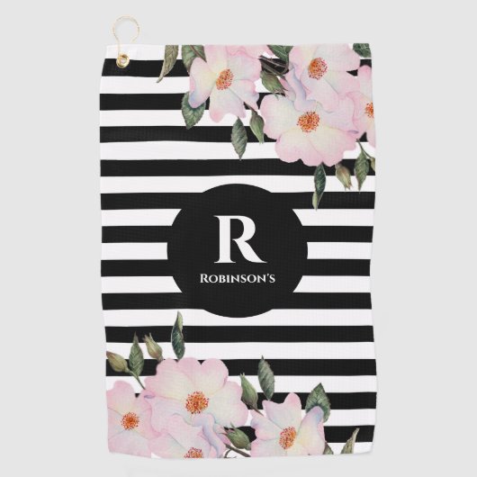 Chic Modern Waterverf Roze Roses Stripes Monogram Golfhanddoek (Voorkant)