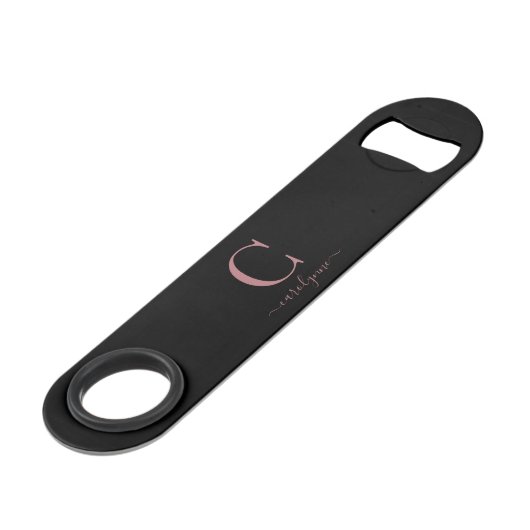 Chic Modern Zwart Roos Goud Monogram Script Speed Flessenopener (Achterkant Gekanteld)
