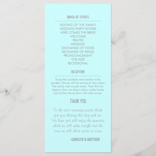 Chic moderne Mint Blue Wedding Programme Carte rac (Dos)