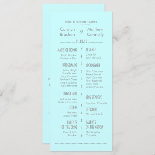 Chic moderne Mint Blue Wedding Programme Carte rac (Devant / Derrière)