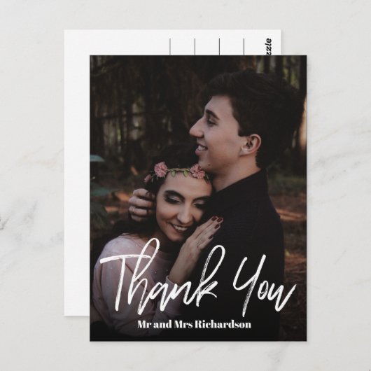 Chic ModernHand Lettered Wedding DANK JE White Briefkaart (Voorkant / Achterkant)