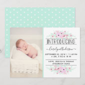 Chic Monnaie Vert & Fleurs Roses Faire-part de nai (Devant / Derrière)