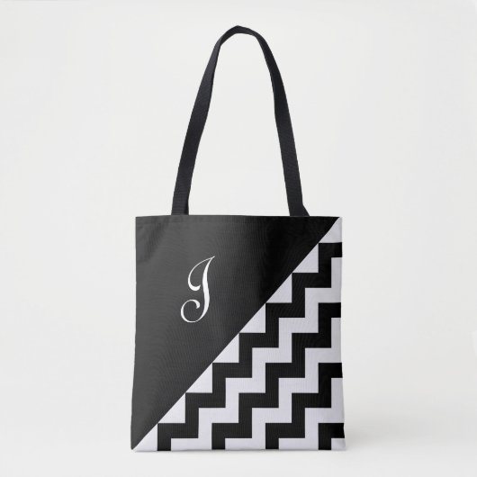 Chic Monogram Black White Geometric Zigzag Pattern Draagtas (Voorkant)