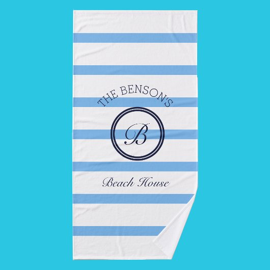 Chic Monogram Blue Stripes Nom de famille Beach Ho