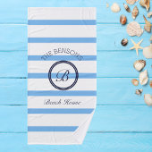 Chic Monogram Blue Stripes Nom de famille Beach Ho