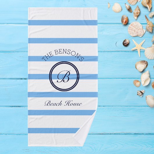 Chic Monogram Blue Stripes Nom de famille Beach Ho