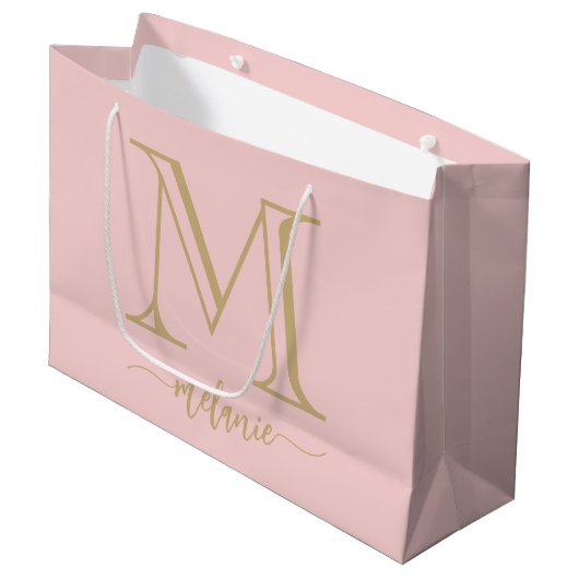 Chic Monogram Blush Pink Gold Large Gift Bag Groot Cadeauzakje (Voorkant Gekanteld)