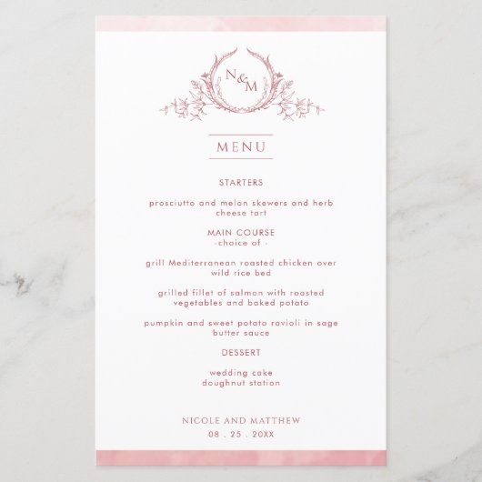 Chic Monogram Blush Pink Watercolor Mariage Menu (Devant)