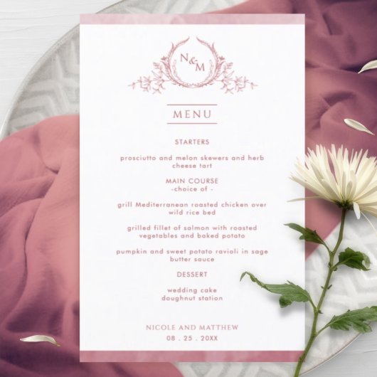 Chic Monogram Bourgogne Aquarelle Menu Mariage