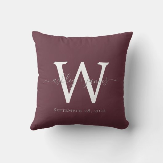 Chic Monogram Burgundy Wedding Keepslag Kussen (Achterkant)