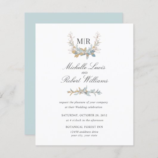 Chic Monogram Crest Gold en blue floral Wedding (Voorkant / Achterkant)