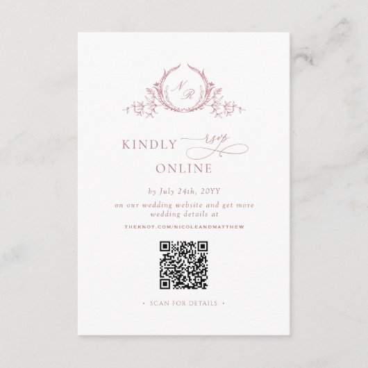 Chic Monogram Dusty Roos RSVP Online QR Code Informatiekaartje (Voorkant)