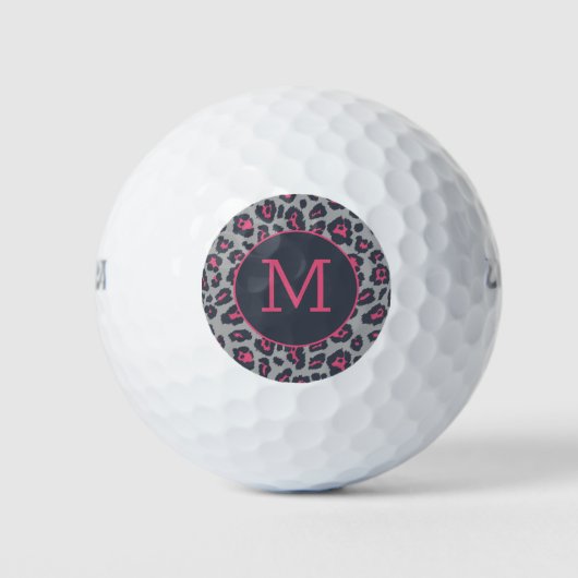 Chic Monogram Hot Pink Grey Leopard Print Patroon Golfballen (Voorkant)