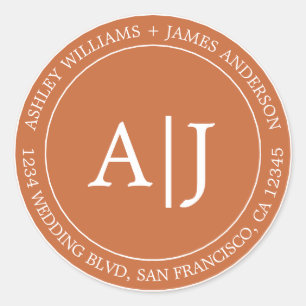 Chic Monogram Huwelijk Retouradres Verbrand Oranje Ronde Sticker
