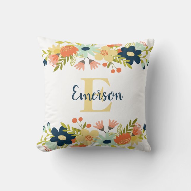 Chic Monogram Initiaal Boho Floral Pillow Kussen (Voorkant)