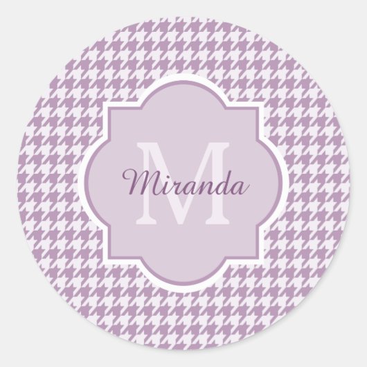 Chic Monogram Light Paars Houndstooth met naam Ronde Sticker (Voorkant)