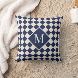 Chic Monogram Marine Crème Geruit Patroon Kussen