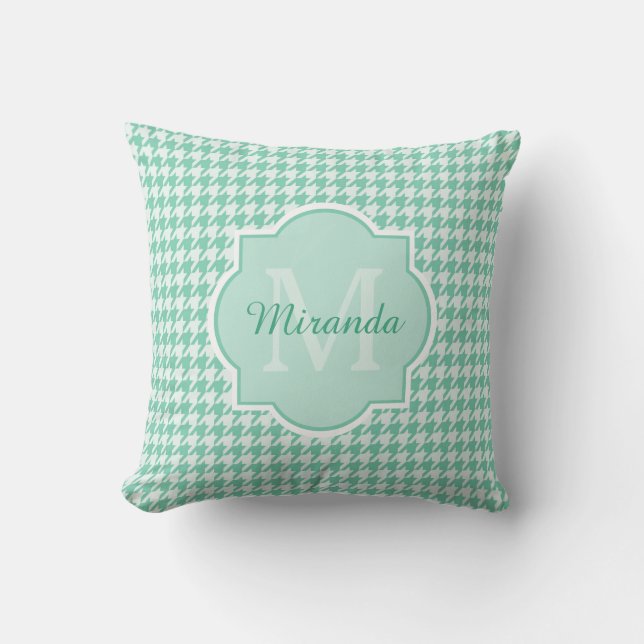 Chic Monogram Mint Green Houndstooth met naam Kussen (Voorkant)