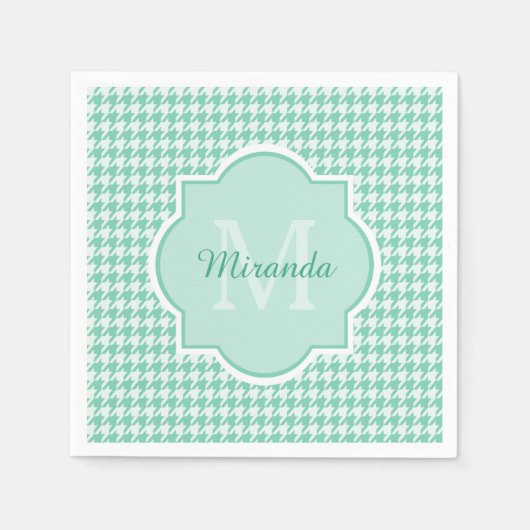 Chic Monogram Mint Green Houndstooth met naam Servetten (Voorkant)