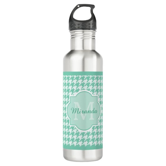 Chic Monogram Mint Green Houndstooth met naam Waterfles (Voorkant)