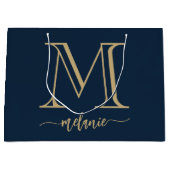 Chic Monogram Navy Blue Gold Large Gift Bag Groot Cadeauzakje (Voorkant)