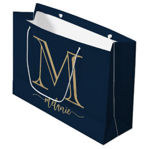 Chic Monogram Navy Blue Gold Large Gift Bag Groot Cadeauzakje