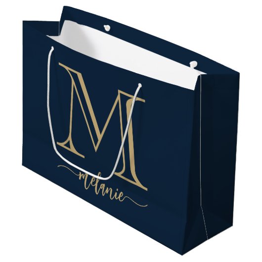 Chic Monogram Navy Blue Gold Large Gift Bag Groot Cadeauzakje (Voorkant Gekanteld)