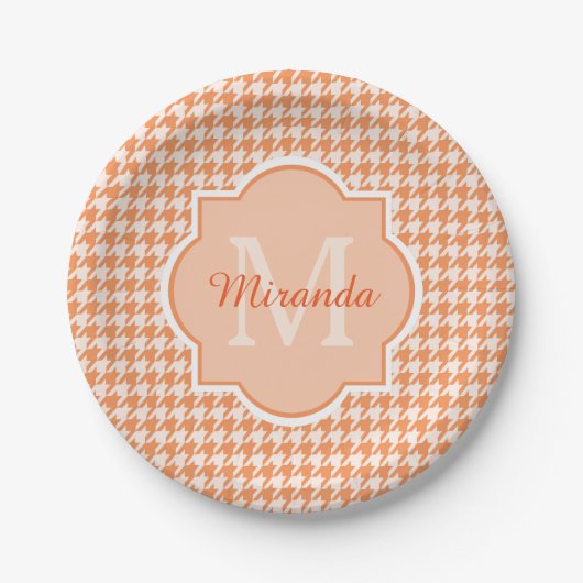 Chic Monogram Oranje Houndstooth met naam Papieren Bordje (Voorkant)
