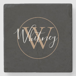 Chic Monogram Script Naam Zwart Goud Stenen Onderzetter