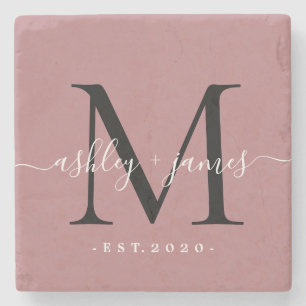 Chic Monogram Script Name Wedding Date Dusty Roos Stenen Onderzetter