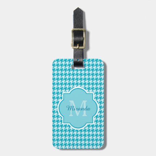 Chic Monogram Turquoise Houndstooth met naam Bagagelabel (Voorkant verticaal)