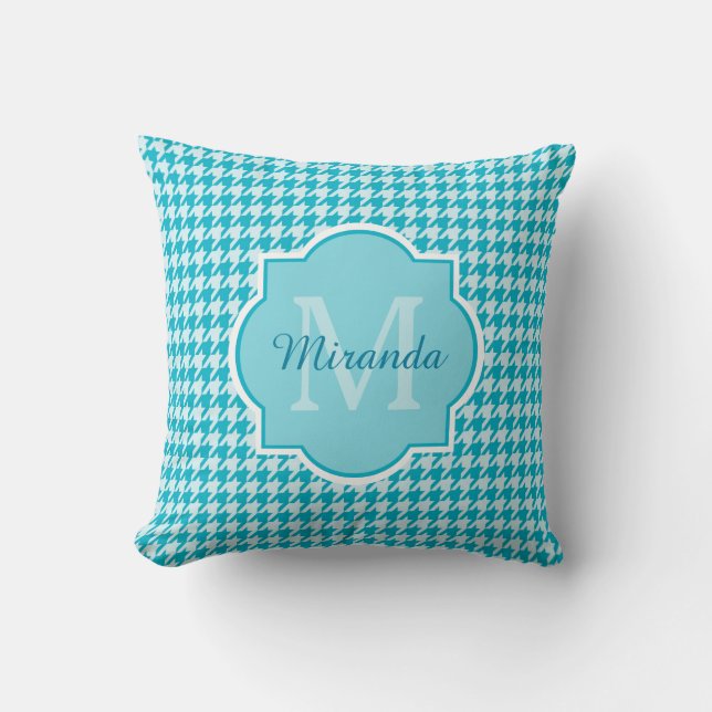 Chic Monogram Turquoise Houndstooth met naam Kussen (Voorkant)