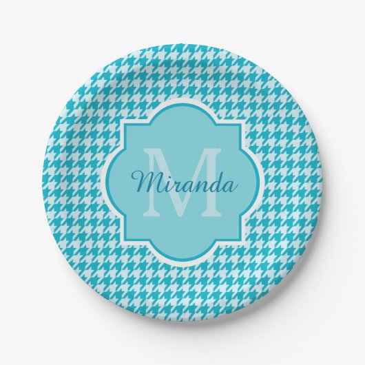 Chic Monogram Turquoise Houndstooth met naam Papieren Bordje (Voorkant)