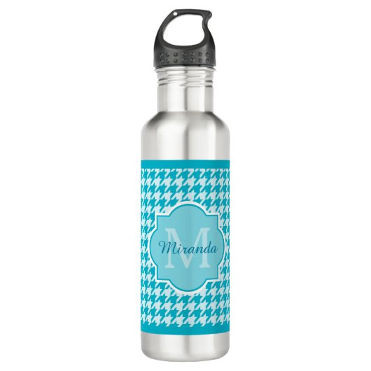 Chic Monogram Turquoise Houndstooth met naam Waterfles (Voorkant)