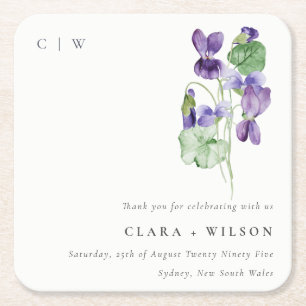  Chic Monogram Violet Floral Bunch Wedding Vierkante Kartonnen Onderzetter