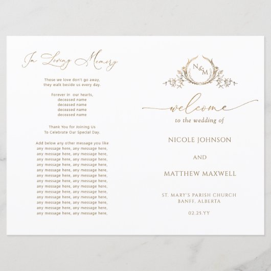 Chic Monogram White Gold Mariage Programme pliable (Devant)