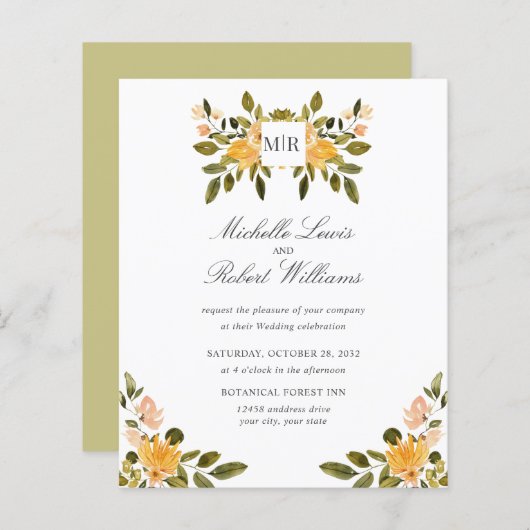 Chic Monogram Yellow Green floral Wedding (Voorkant / Achterkant)
