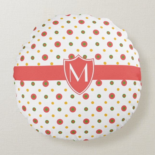 Chic Monogramme Rouge Blanc Polkas Coussin rond (Devant)