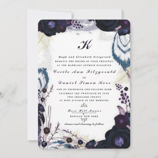 Chic Monogrammed Paarse Floral Winter Wedding Kaart (Voorkant)