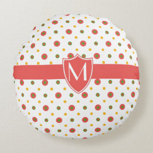 Chic Monogrammed Red White Polkas Round Pillow Rond Kussen