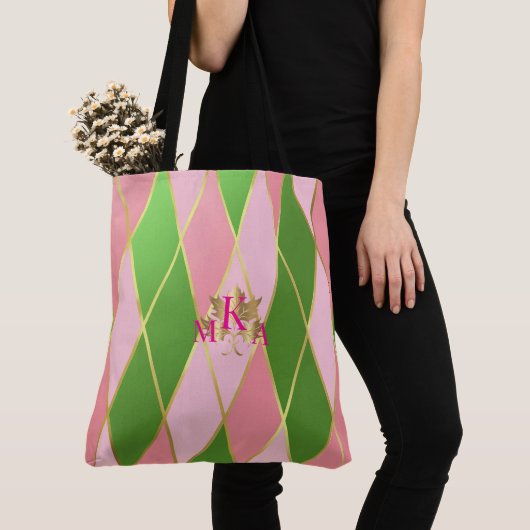 Chic Monogrammed Roze en Groene Argyle Draagtas (Dichtbij)