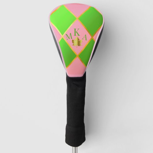 Chic Monogrammed Roze & Groene Argyle Golfheadcover (Voorkant)