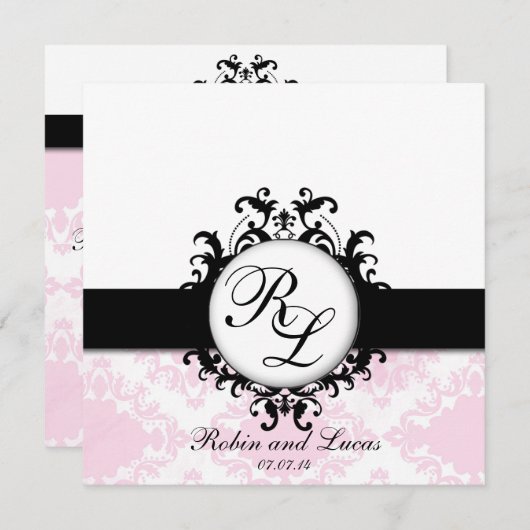 Chic Monogrammen Wedding Noite White Pink Damask Kaart (Voorkant / Achterkant)
