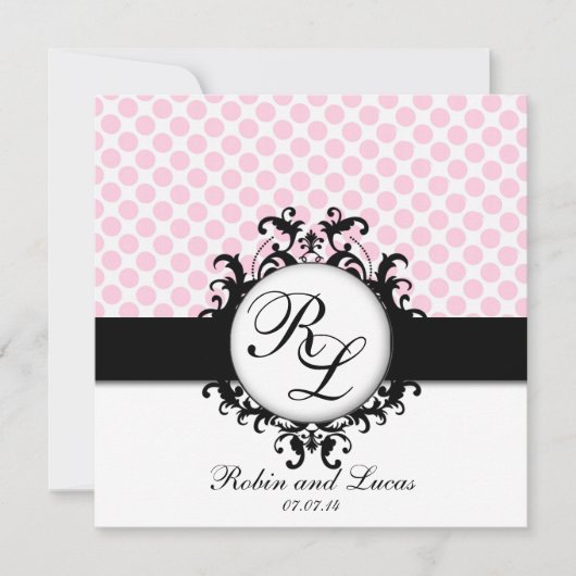 Chic Monogrammes Mariage Invitation Pois roses (Devant)